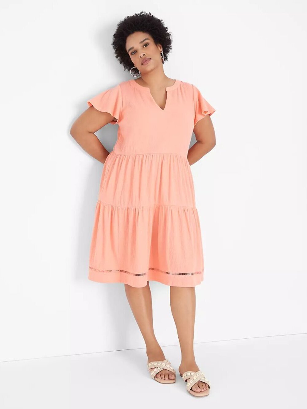 Lane Bryant Tiered Flutter Sleeve Coral Pink Midi Dress | Size 26/28